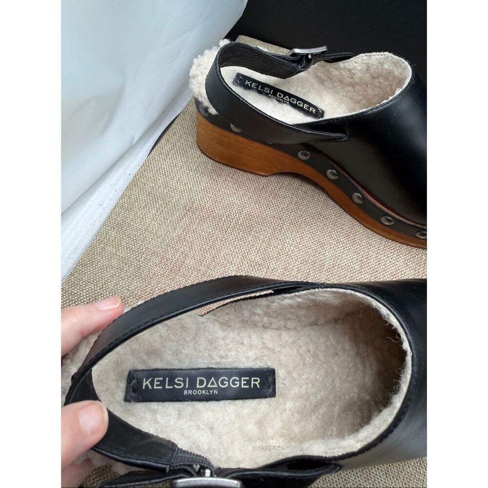 Kelsi Dagger Black Leather Clogs with Brown Sole - Picture 10 of 11